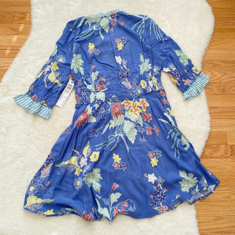 Tribal Femme Casual Dress, Boho, 3/4 Sleeve, Floral Print, Blue, Petite Small - Picture 2 of 8